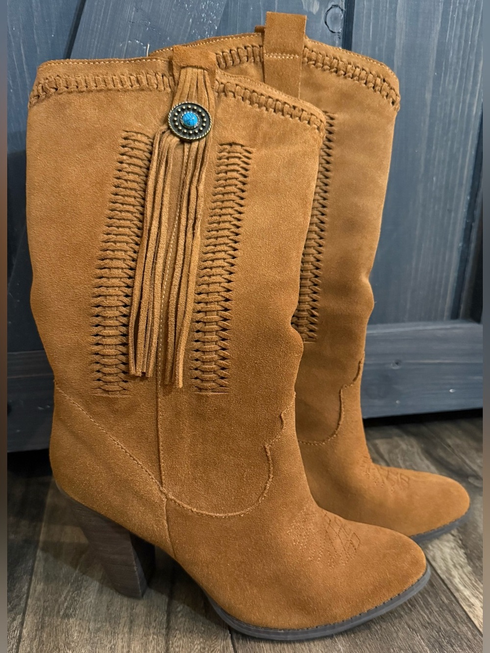 Reba Suede Tassel Mid-Calf Boot in Cognac